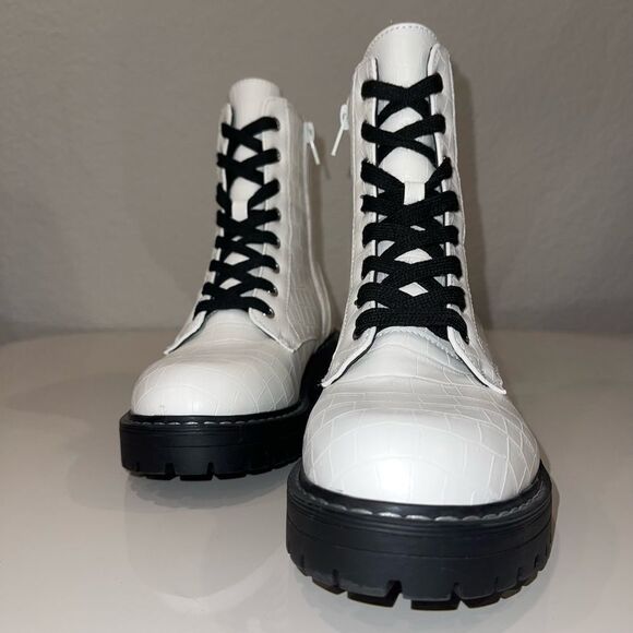 Sugar Kaedy White Croco Combat Boots - Picture 2 of 6